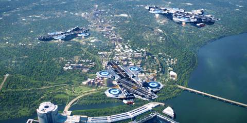 Project Insight's helicarrier's over the Triskelion in Captain America The Winter Soldier