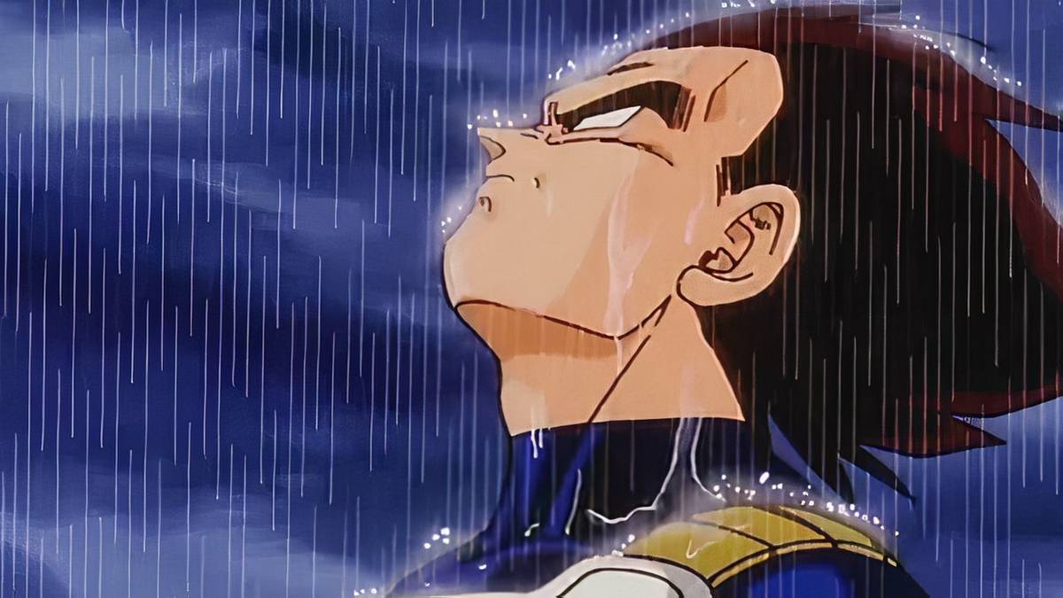 Vegeta stands silently in the rain