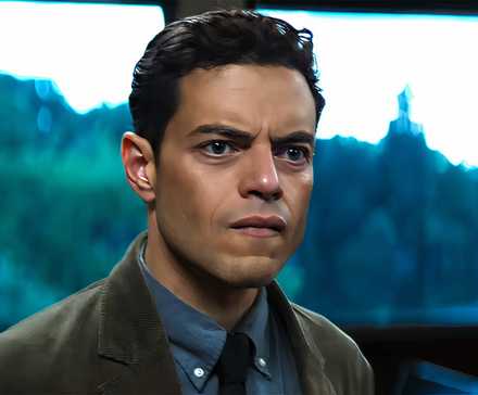 Рами Малек в роли Чарли, злобно смотрящий на что-то в фильме "The Amateur"