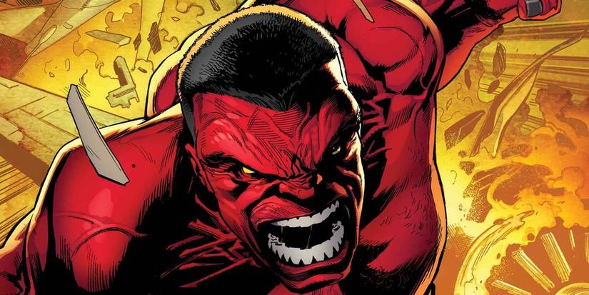 Close up of Red Hulk screaming and rushing toward the reader.
