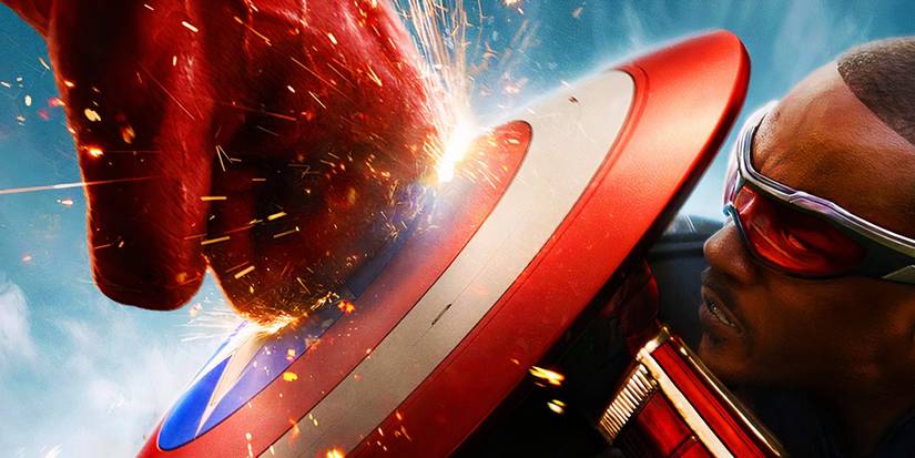 Red Hulk's punch making sparks on Captain America's shield in Captain America Brave New World's poster