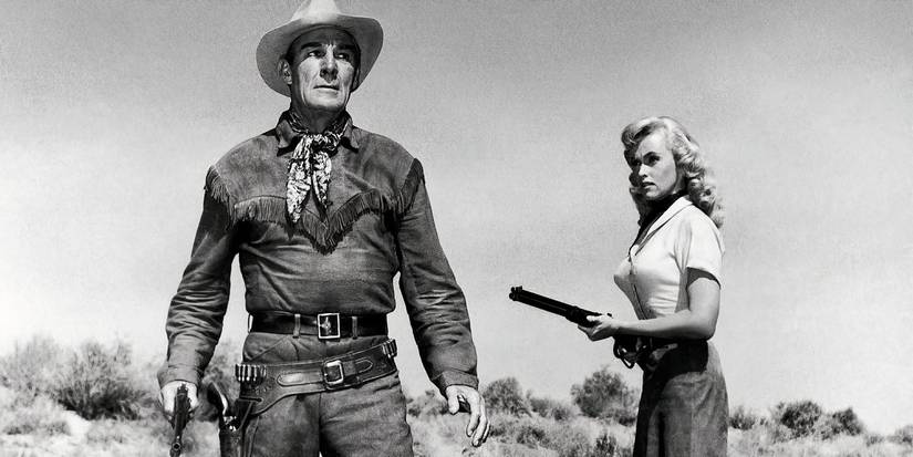 Ride Lonesome 1959 Black and white pH๏τo, woman holding sH๏τgun to randolph scotts back 