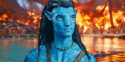Sam Worthington (Jake Sully) in front of a burning village in Avatar custom image