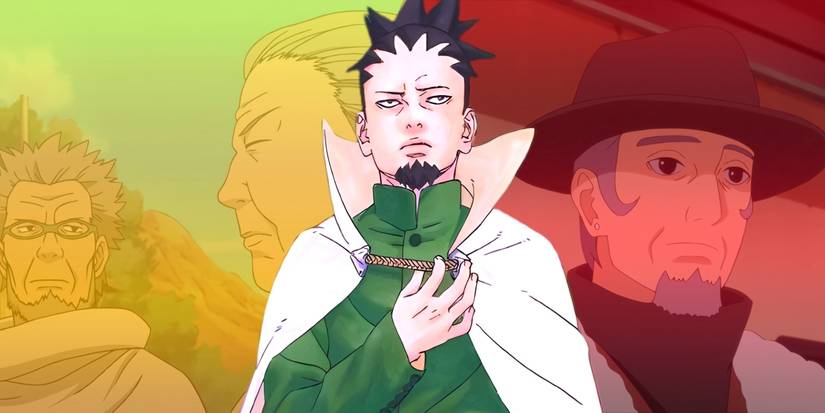 Shikamaru, wearing the Hokage cloak, standing with a concerned look. Behind him, the Elders and the Daimyo can be seen. 