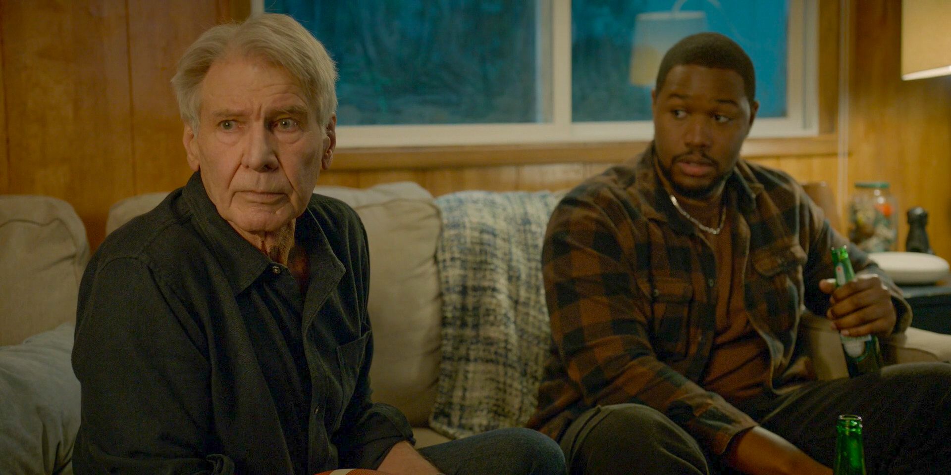 Paul (Harrison Ford) and Sean (Luke Tennie) look at Jimmy with concern in Shrinking Season 2 Episode 5