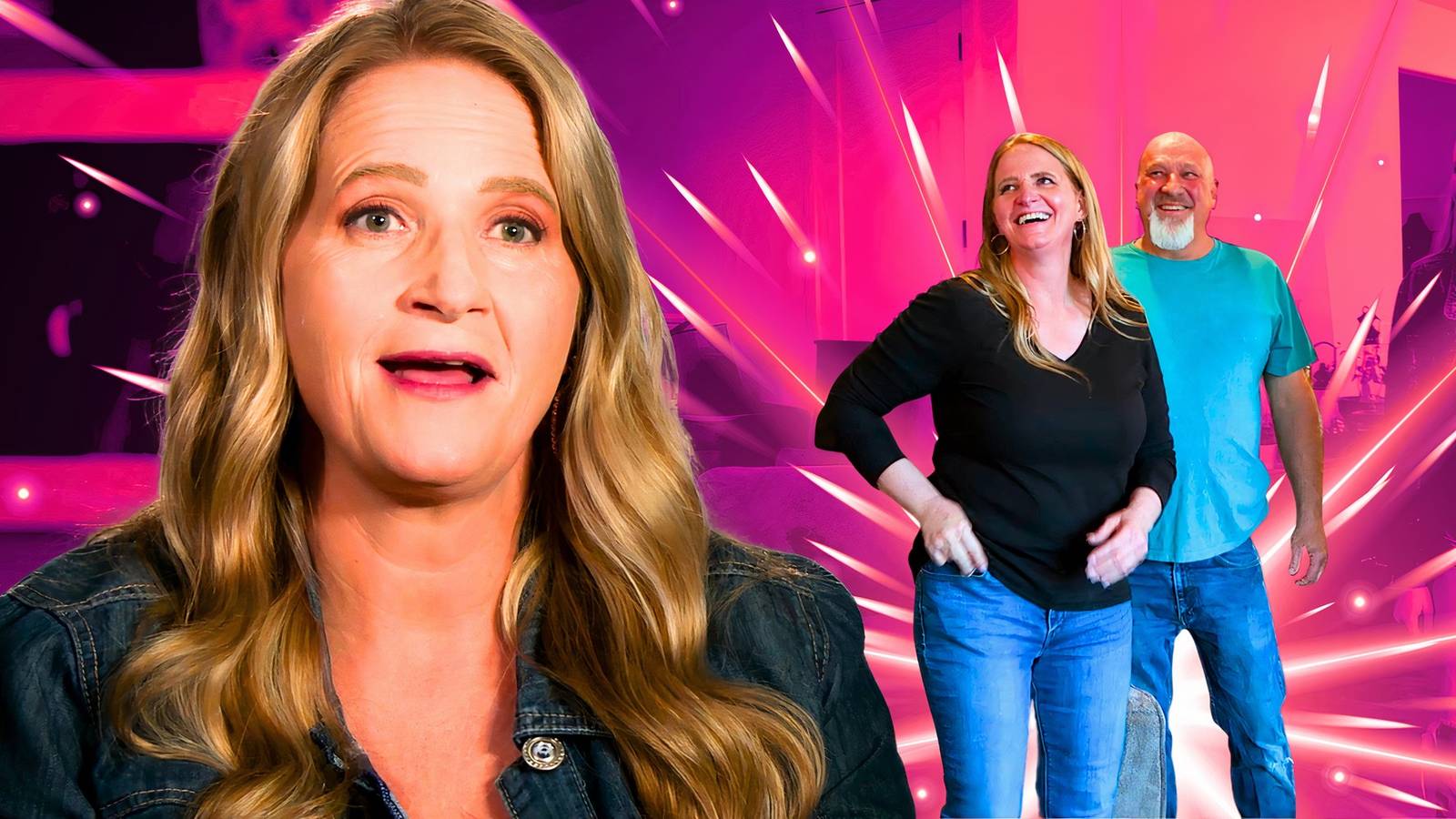 sister wives star christine brown smiling in foreground with her and david woolley in the pink background