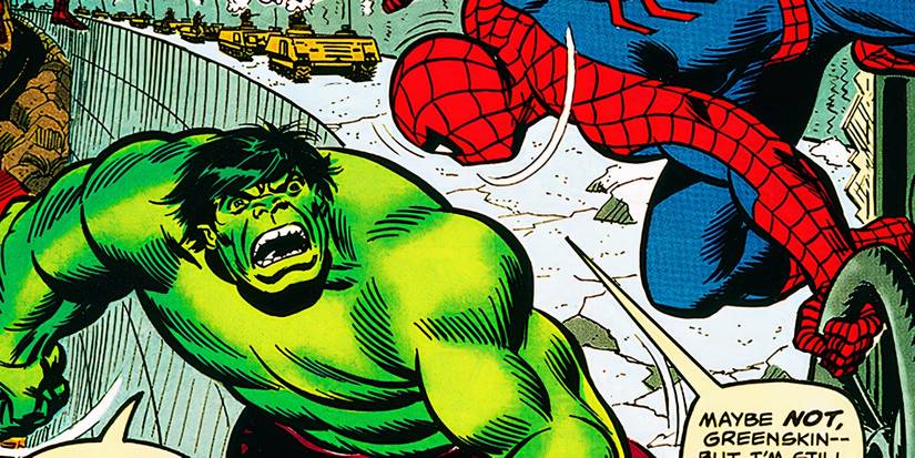 Comic book panel: Spider-Man and the Hulk face off in classic Marvel art.