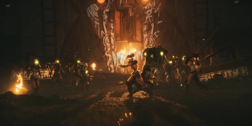 Characters from Replaced standing in a rundown part of the city.