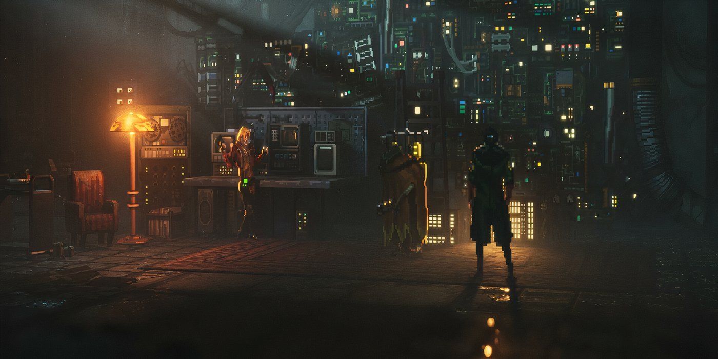 Character from Replaced standing in a room filled with different gadgets.