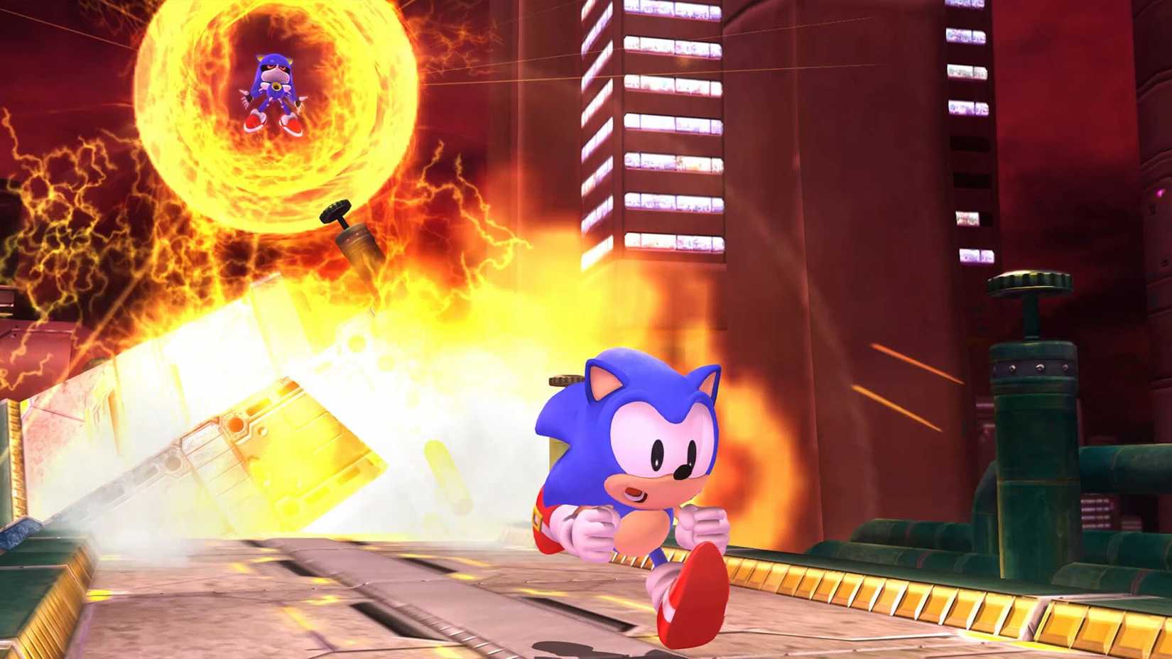 Screenshot de Sonic X Shadow Generations de Sonic correndo rápido longe de uma bola de fogo de loucura