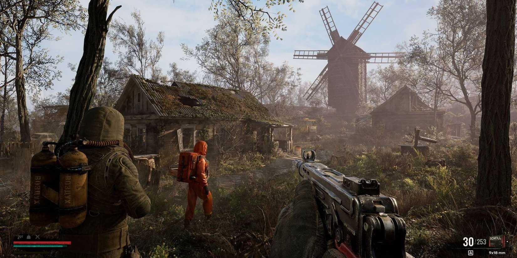 The player and  a group of NPCs walking through a hazardous area in S.T.A.L.K.E.R. 2.