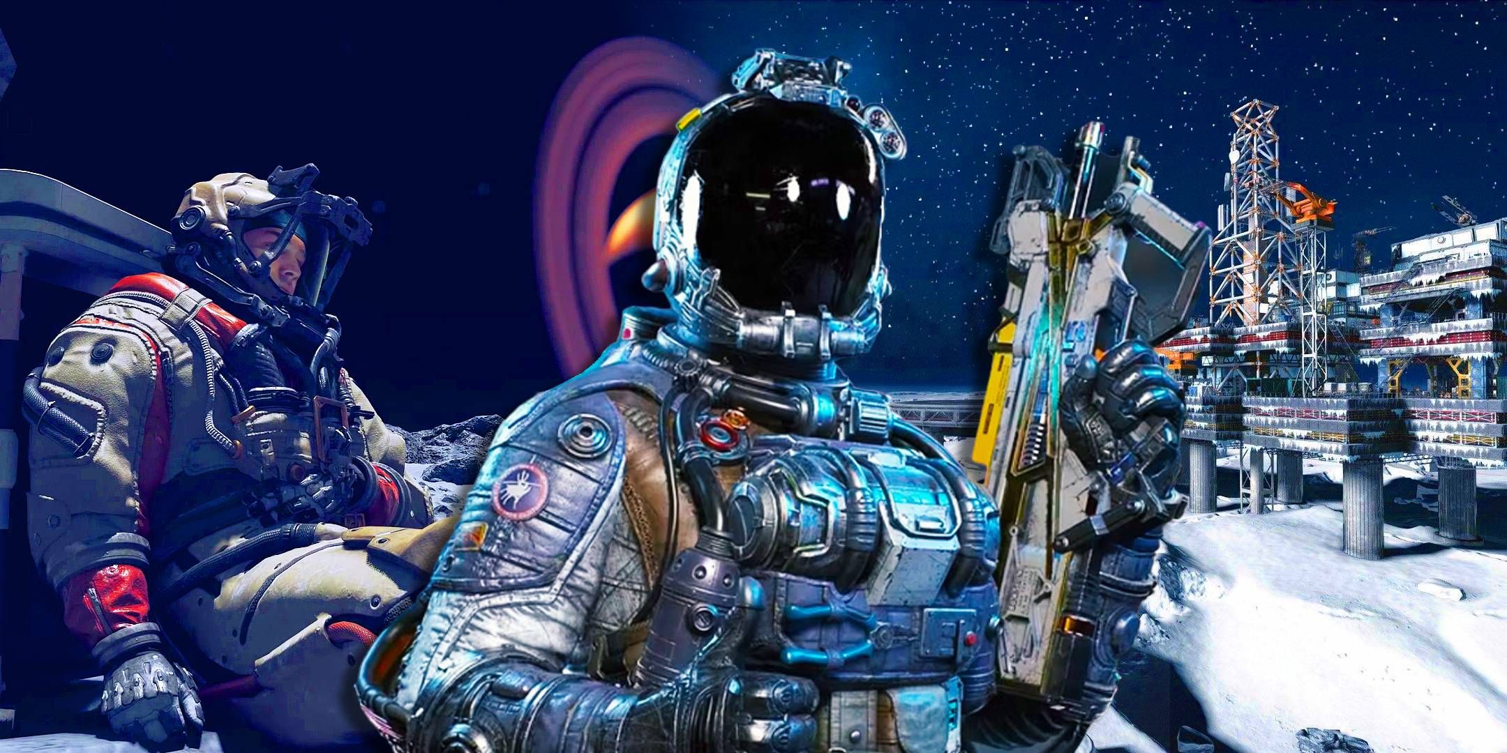 A Starfield player with their thumb up with a miner sat down on their left and a mining station on their right.