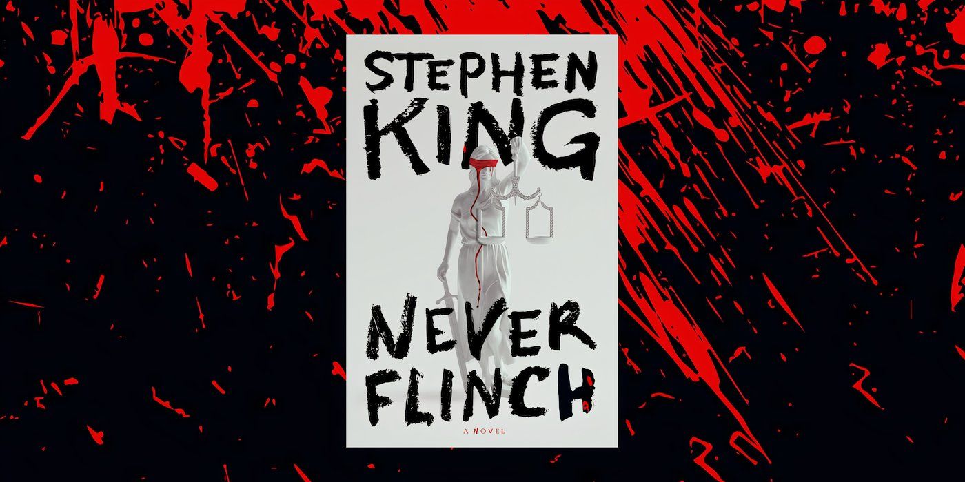 Capa de Stephen King Never Flinch em um fundo sangrento