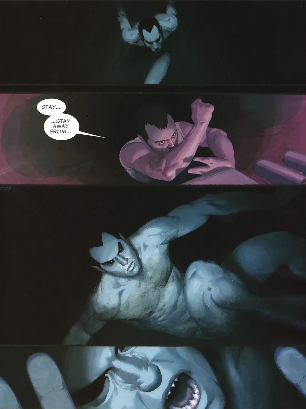Namor emerges from the darkness to attack his prey.