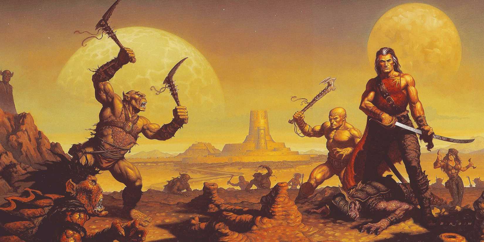 The cover of the Dungeons & Dragons Dark Sun player's guide 5e featuring a man and other creatures holding sharp weapons