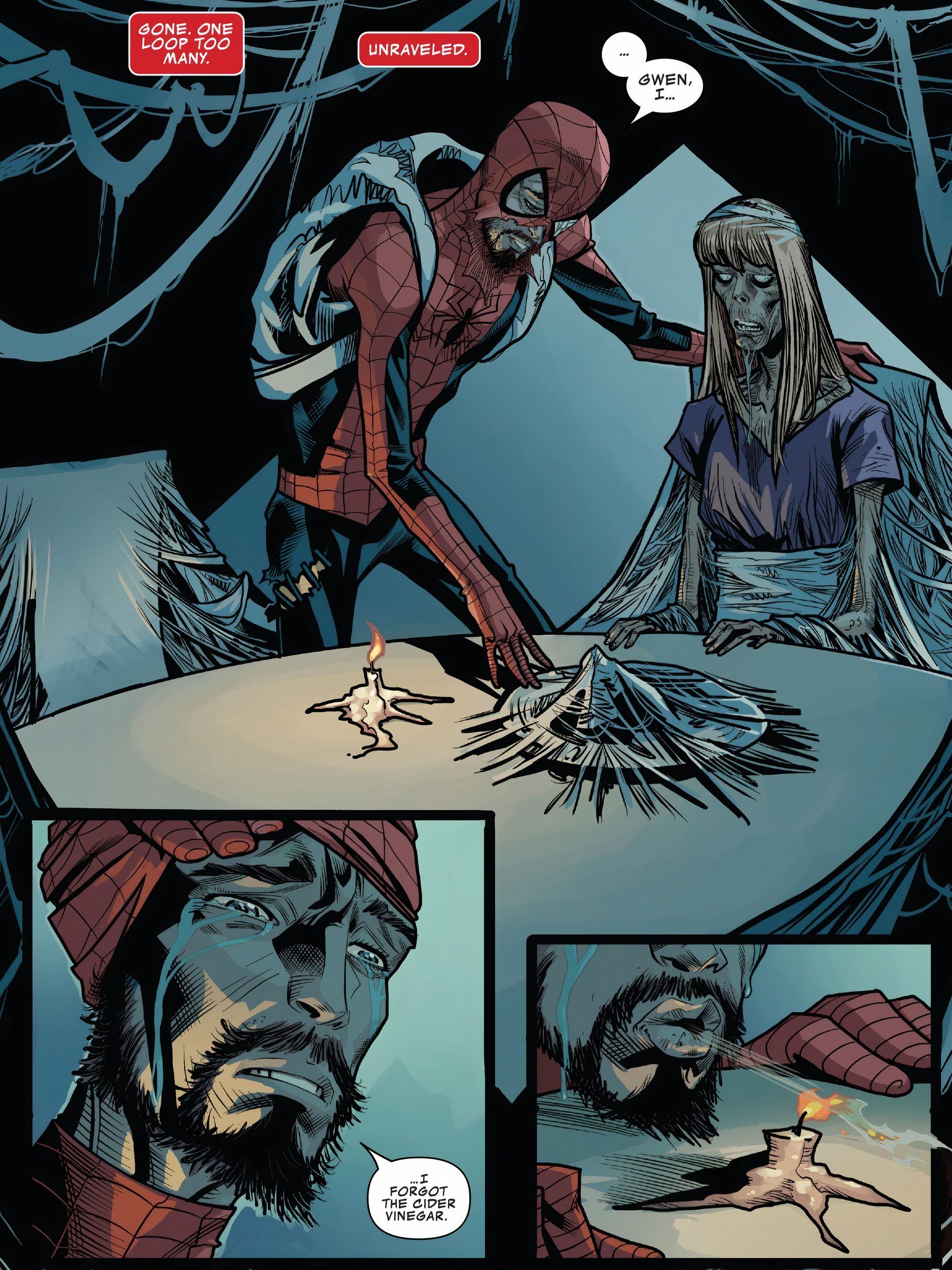 Spider-Man cries over Gwen's decaying body.