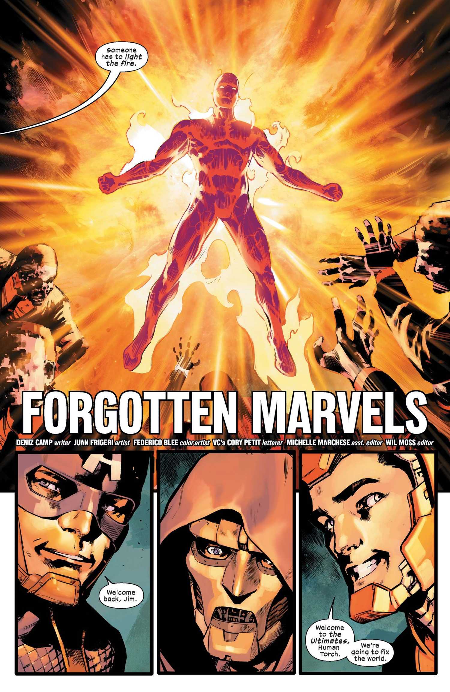Comic book page: The return of the Human Torch in the Ultimate Universe