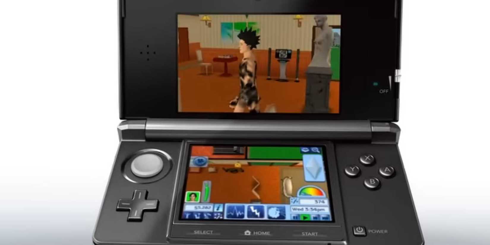 A black 3DS with gameplay of The Sims 3 playing on it.