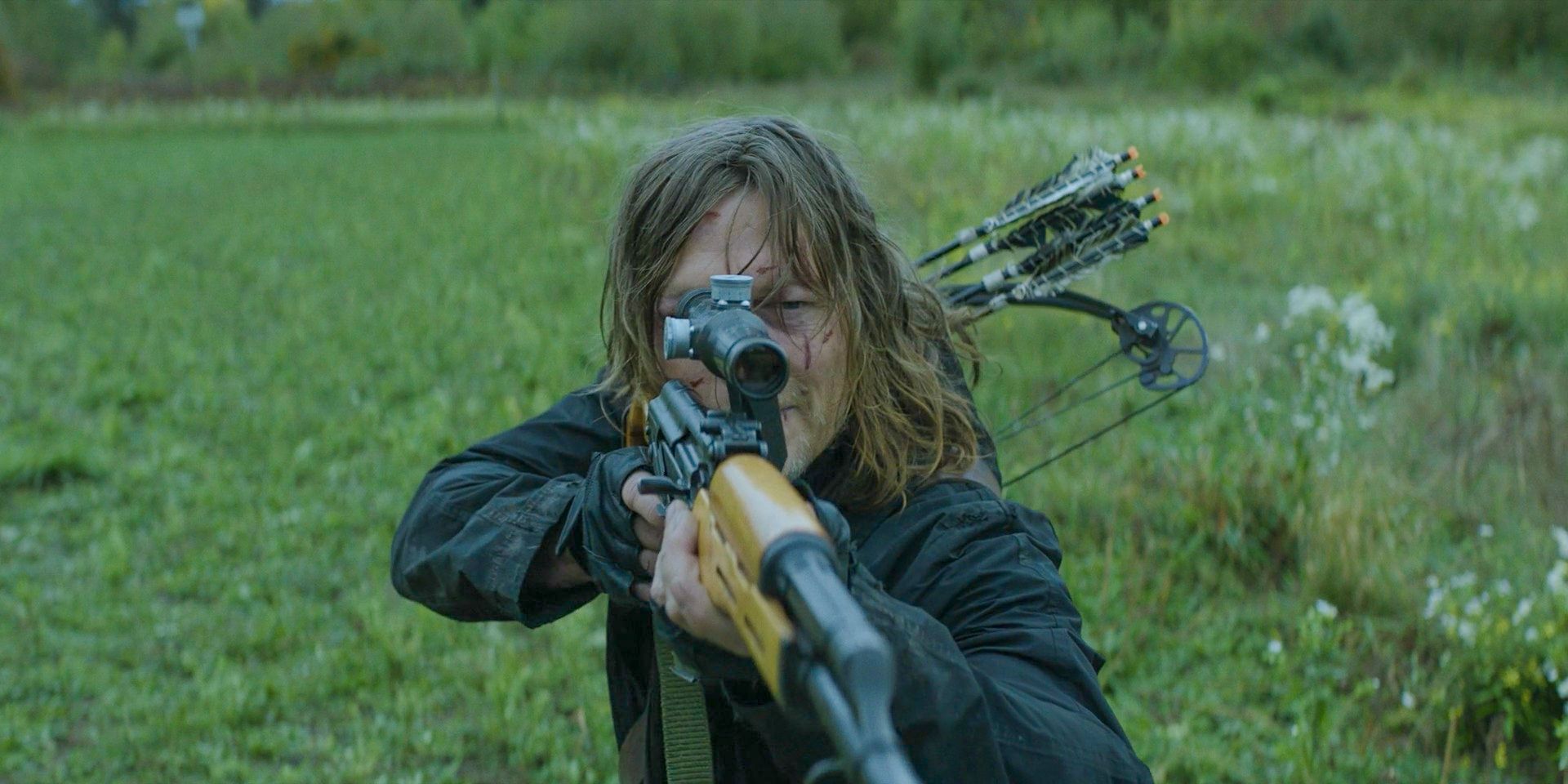 Daryl (Norman Reedus) looking through a weapon's sight in The Walking Dead: Daryl Dixon Season 2 Ep 6