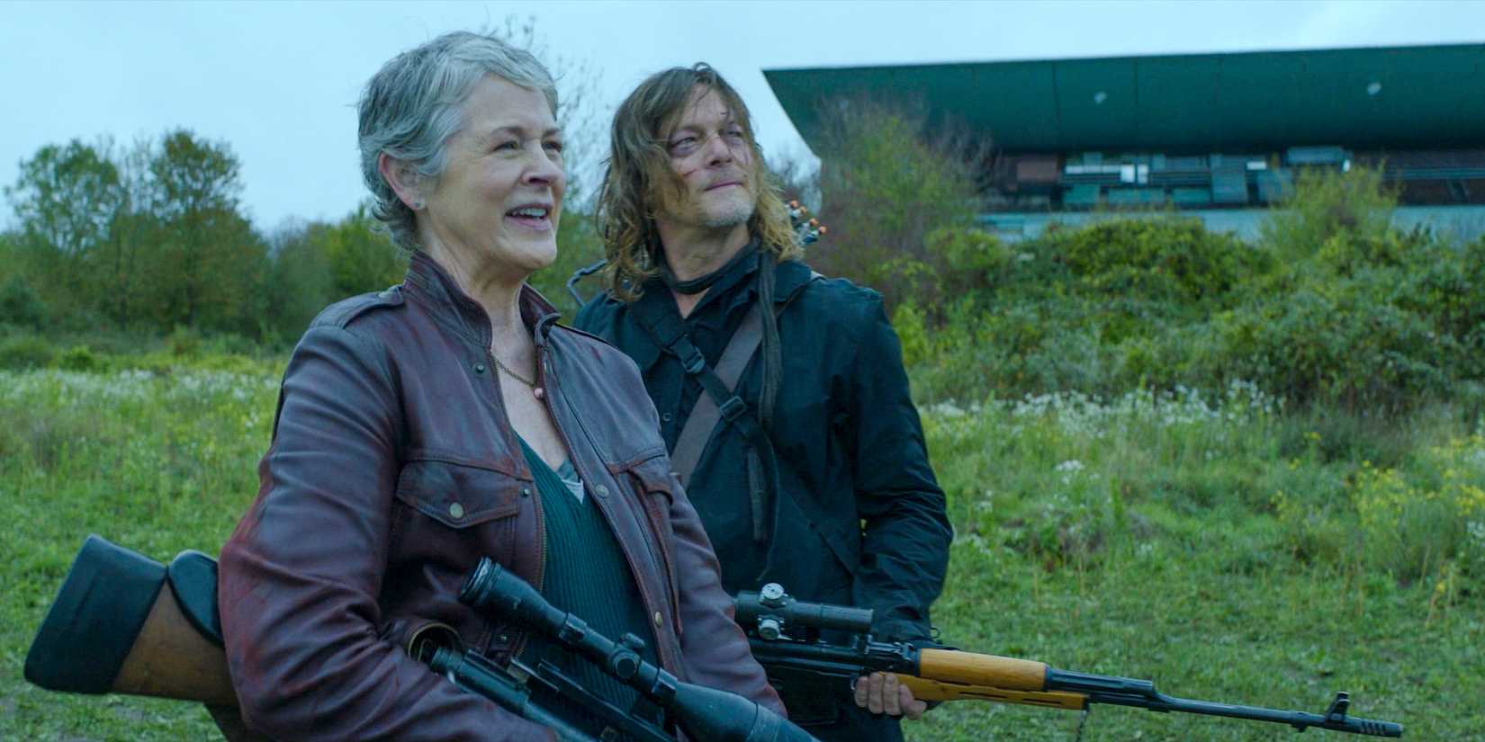 Carol (Melissa McBride) and Daryl (Norman Reedus) happy that Laurent managed to escape in The Walking Dead: Daryl Dixon Season 2 Ep 6