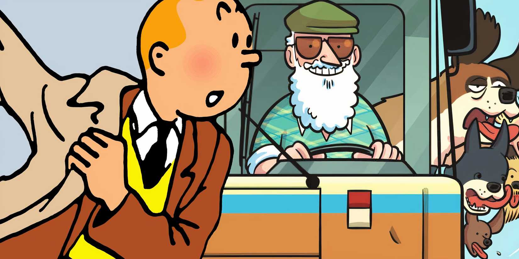 Tintin Putting On Coat Next to Bus Driver with Dogs Featured