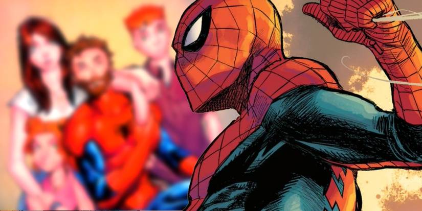 Comic book art: Ultimate Spider-Man With Family blurred In Background