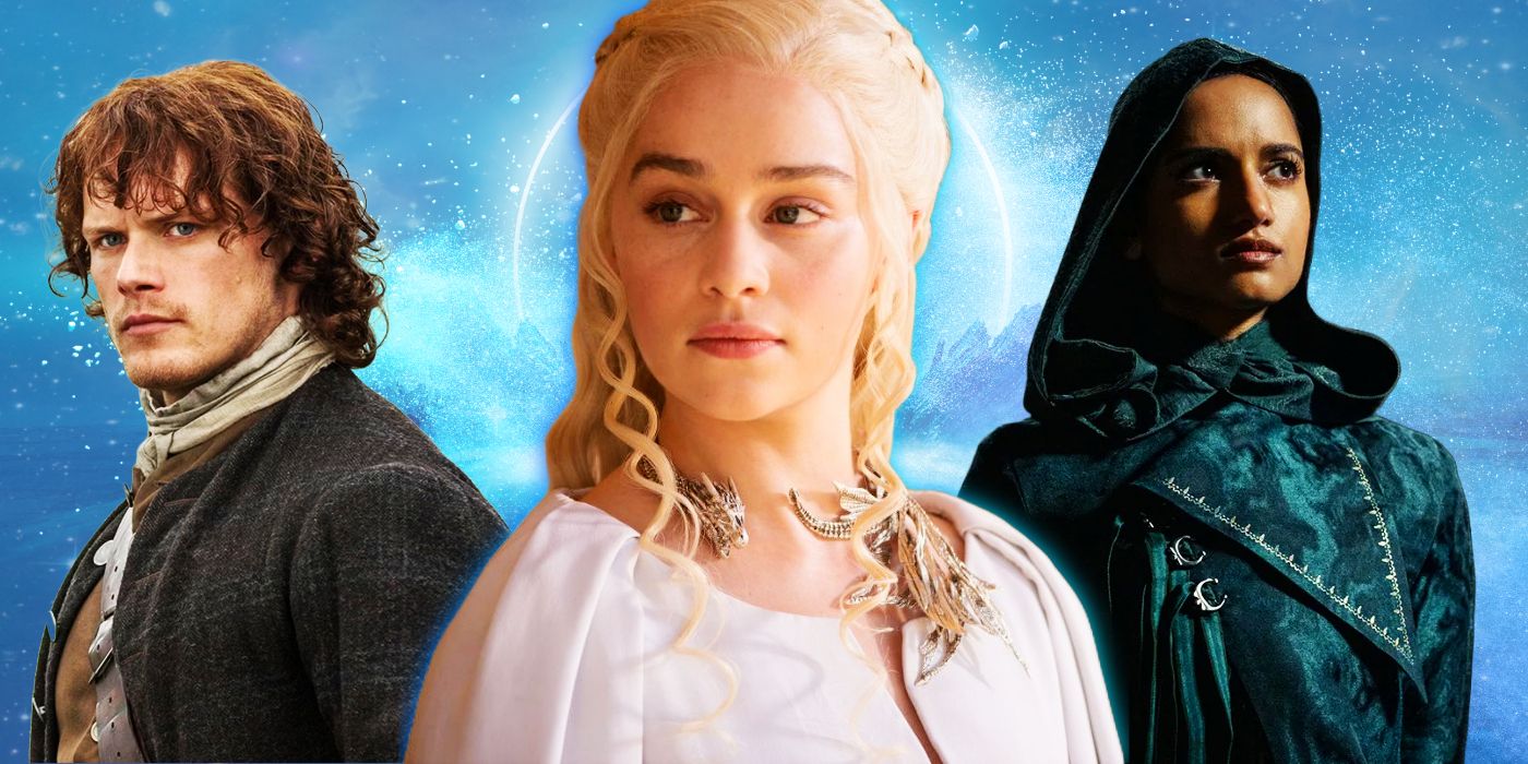 Cutouts of Sam Heughan as Jamie Fraser in Outlander, Emilia Clarke as Daenerys Targaryen in Game of Thrones, and Amita Suman as Inej Ghafa in Shadow & Bone against a blue fantastical textured background.
