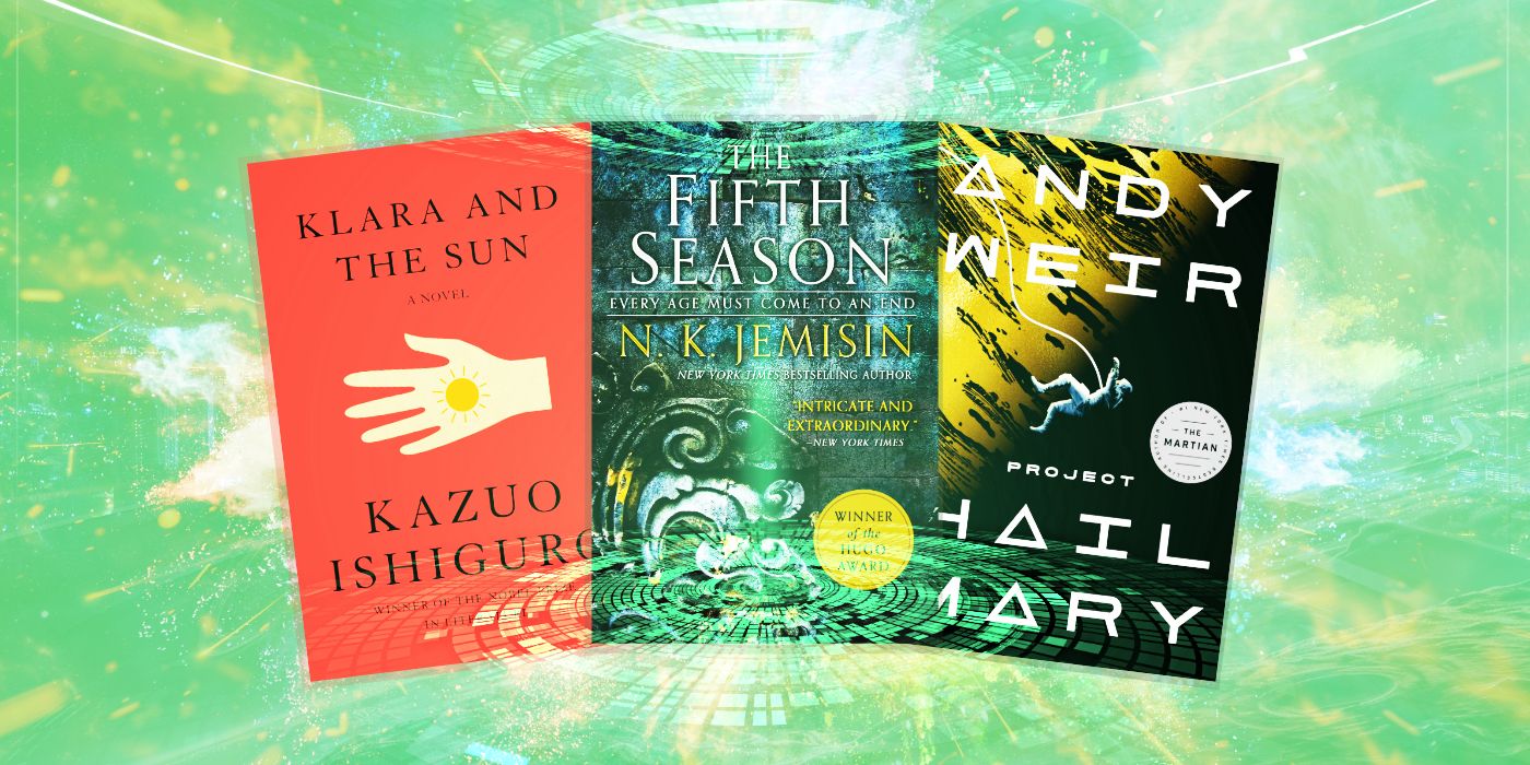Book covers of Klara & The Sun By Kazuo Ishiguro, The Fifth Season By N.K. Jemisin, & Project Hail Mary By Andy Weir against a light green textured background.