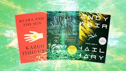 Book covers of Klara & The Sun By Kazuo Ishiguro, The Fifth Season By N.K. Jemisin, & Project Hail Mary By Andy Weir against a light green textured background.