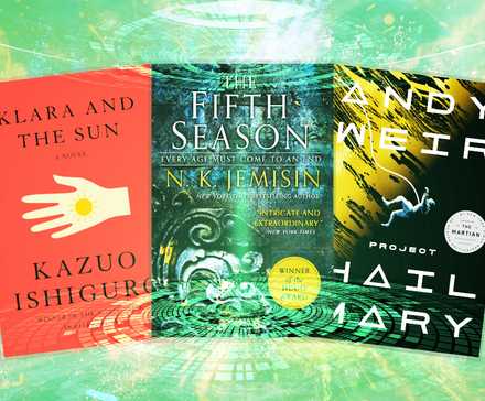 8 Award-Winning Sci-Fi Novels That Every Fan Needs to Read At Least Once 8 Book covers of Klara & The Sun By Kazuo Ishiguro, The Fifth Season By N.K. Jemisin, & Project Hail Mary By Andy Weir against a light green textured background.