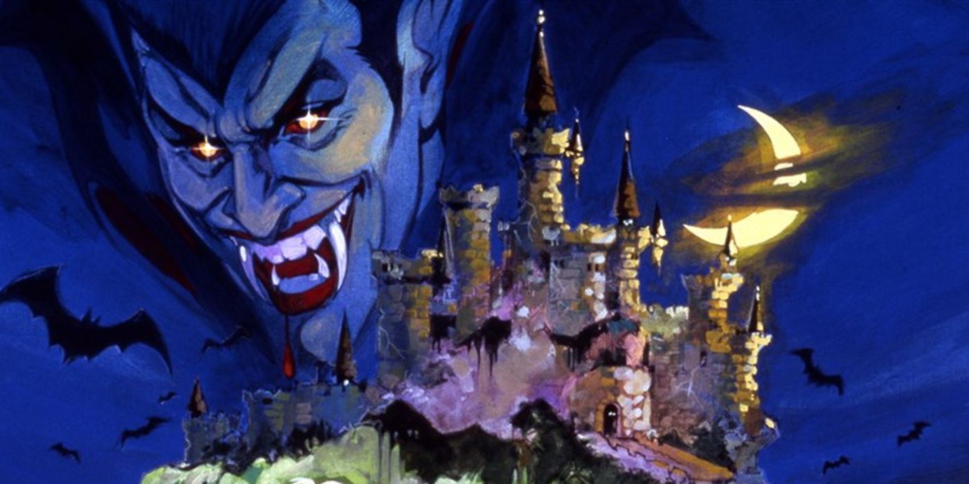 Dracula's grinning face hovers above the moonlit walls of his ancient castle