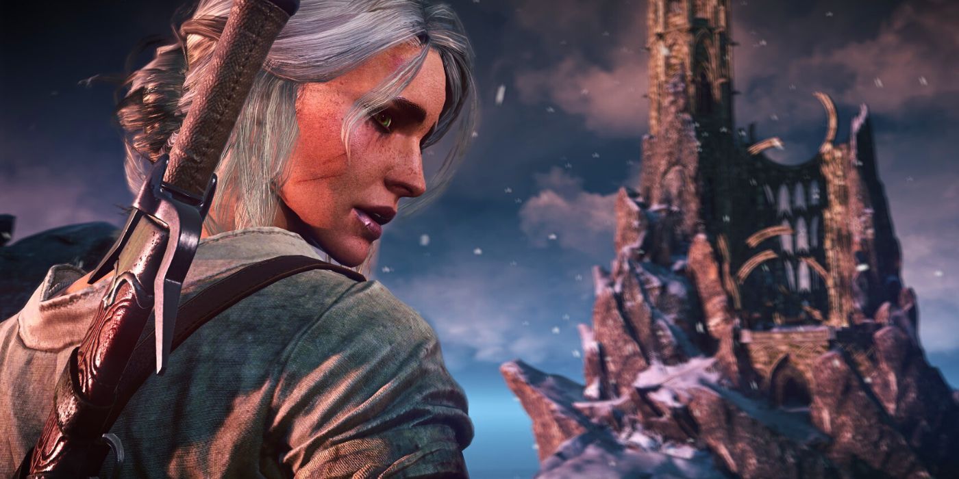 Ciri looking over her shoulder with Kaer Morhen in the background in The Witcher 3