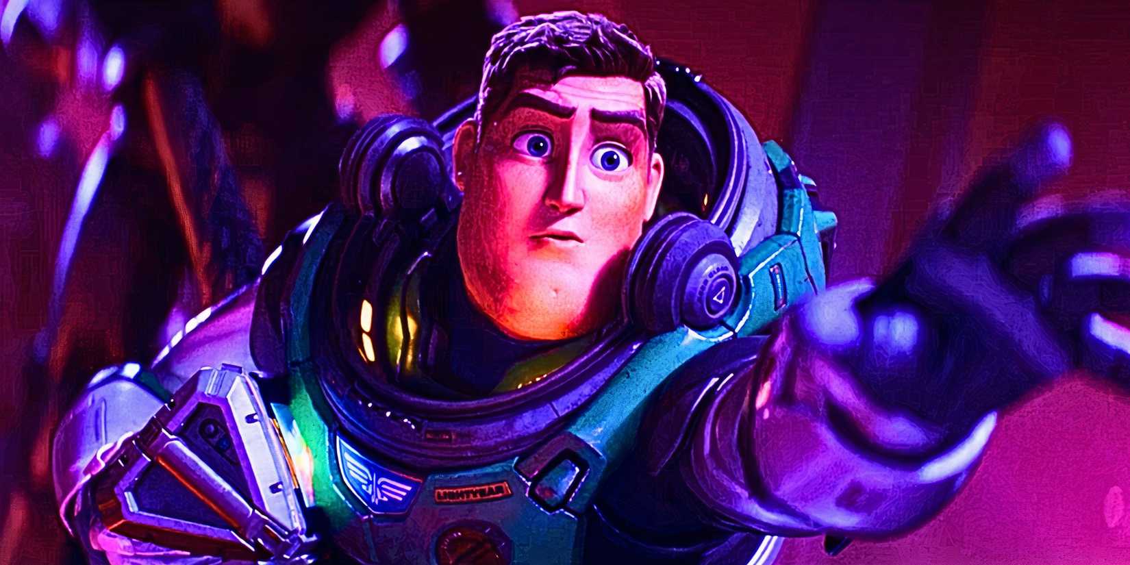 Buzz reaching out toward the screen in Lightyear