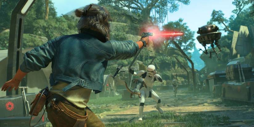Kay Vess firing her blaster at an Imperial drone while Nix pounces on a stormtrooper in Star Wars Outlaws.