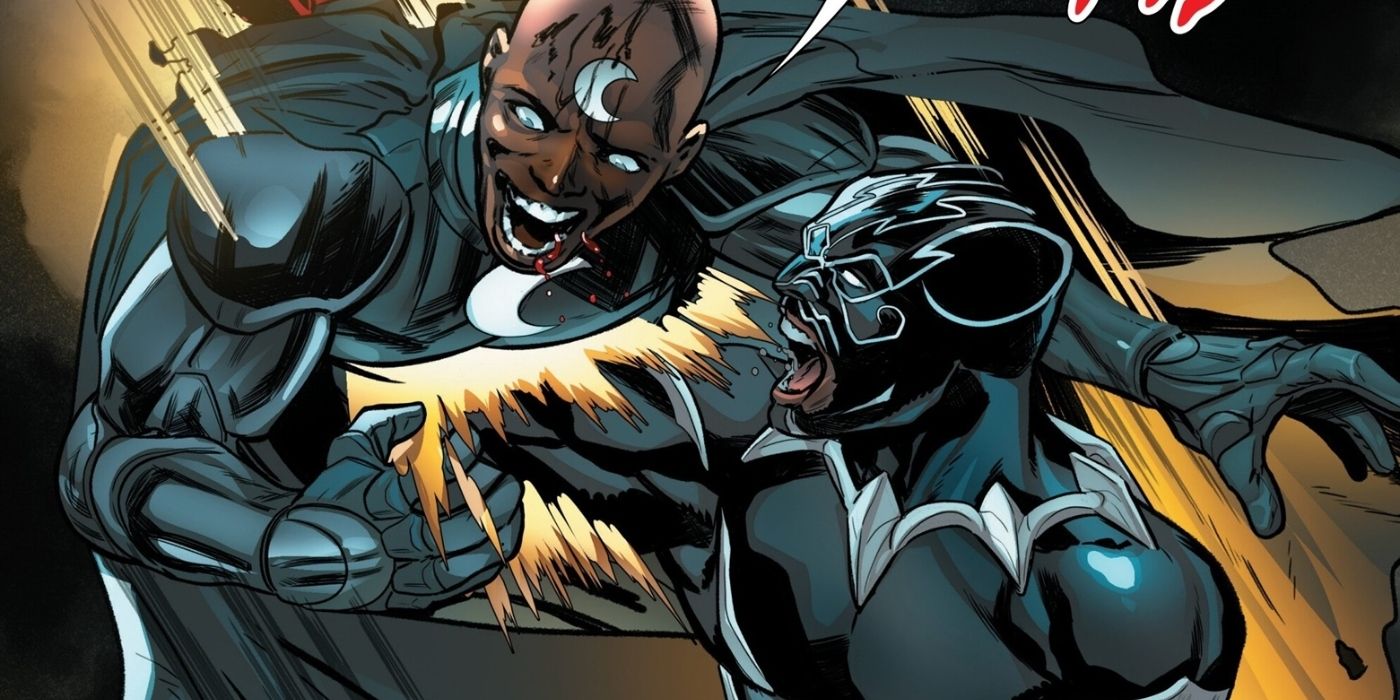 Black Panther driving his hand through Moon Knight's chest.