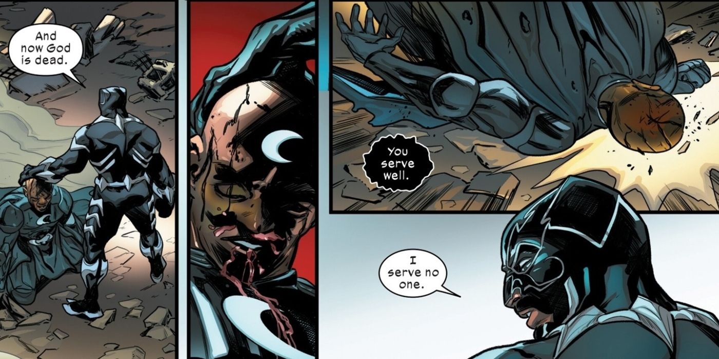 Black Panther looking down at Moon Knight's corpse.