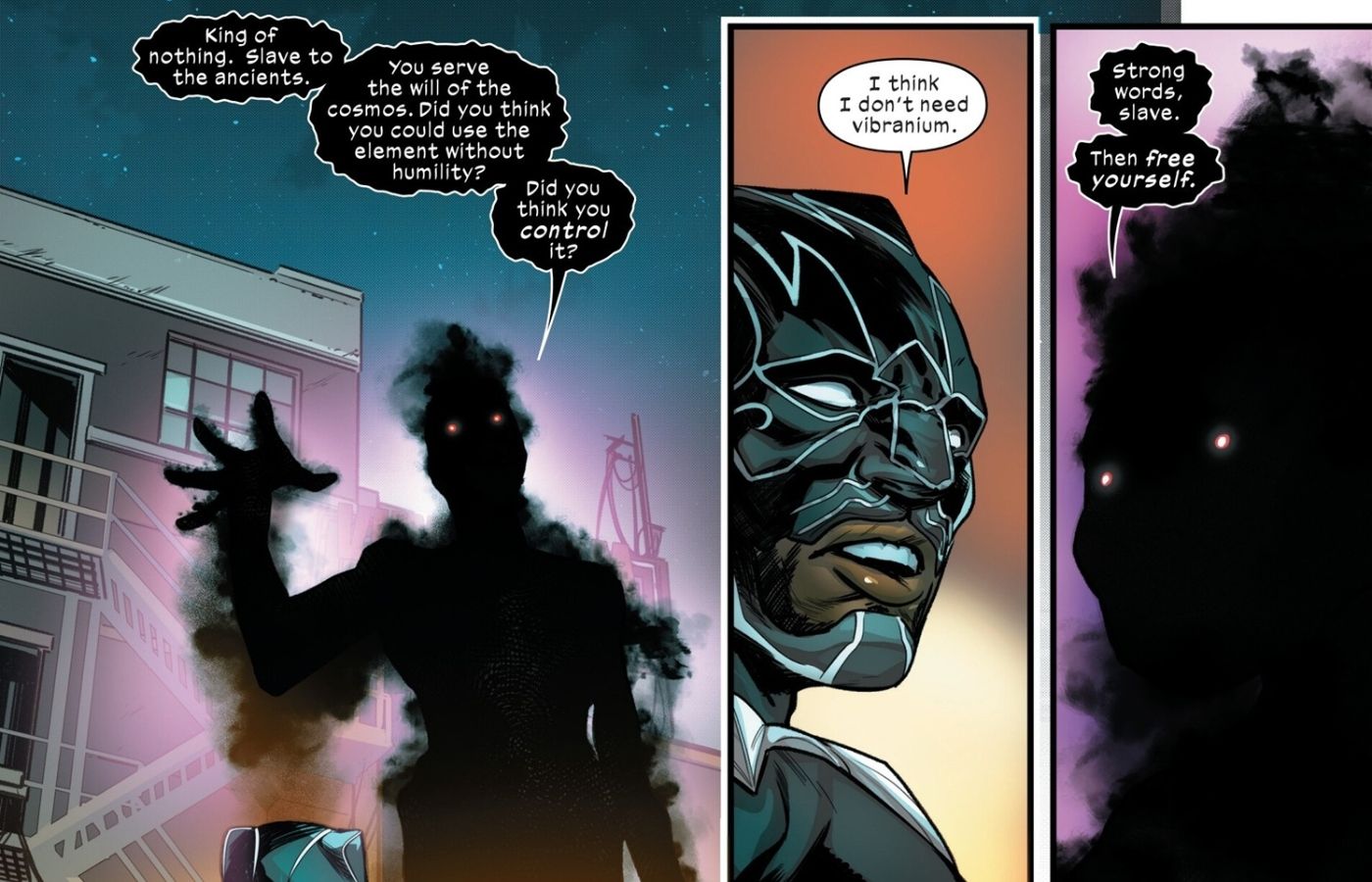 Black Panther speaking with a dark entity connected to vibranium.