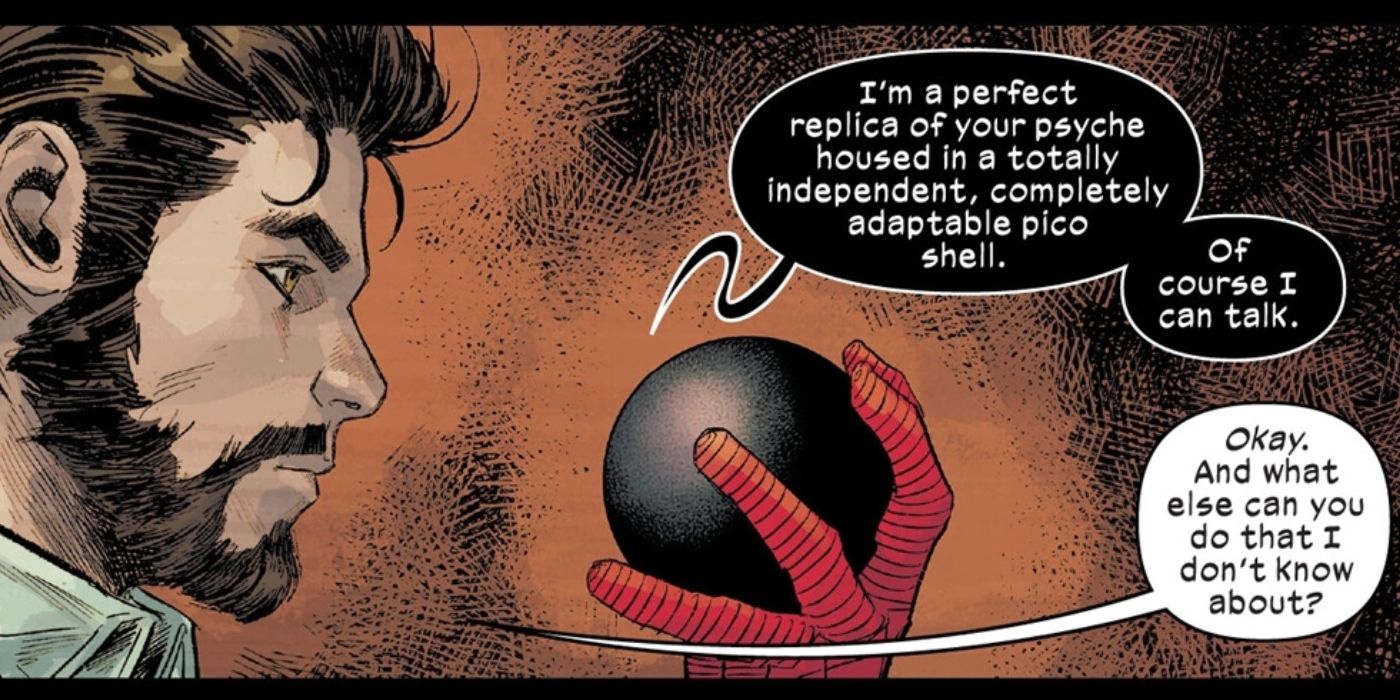 Spider-Man speaking to his black-orb pico-tech suit.