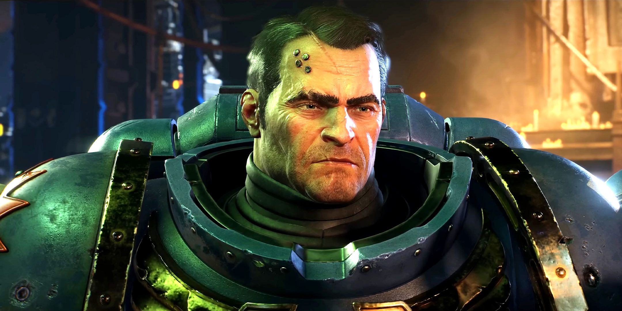 Um close de um Space Marine em Warhammer: Space Marine 2