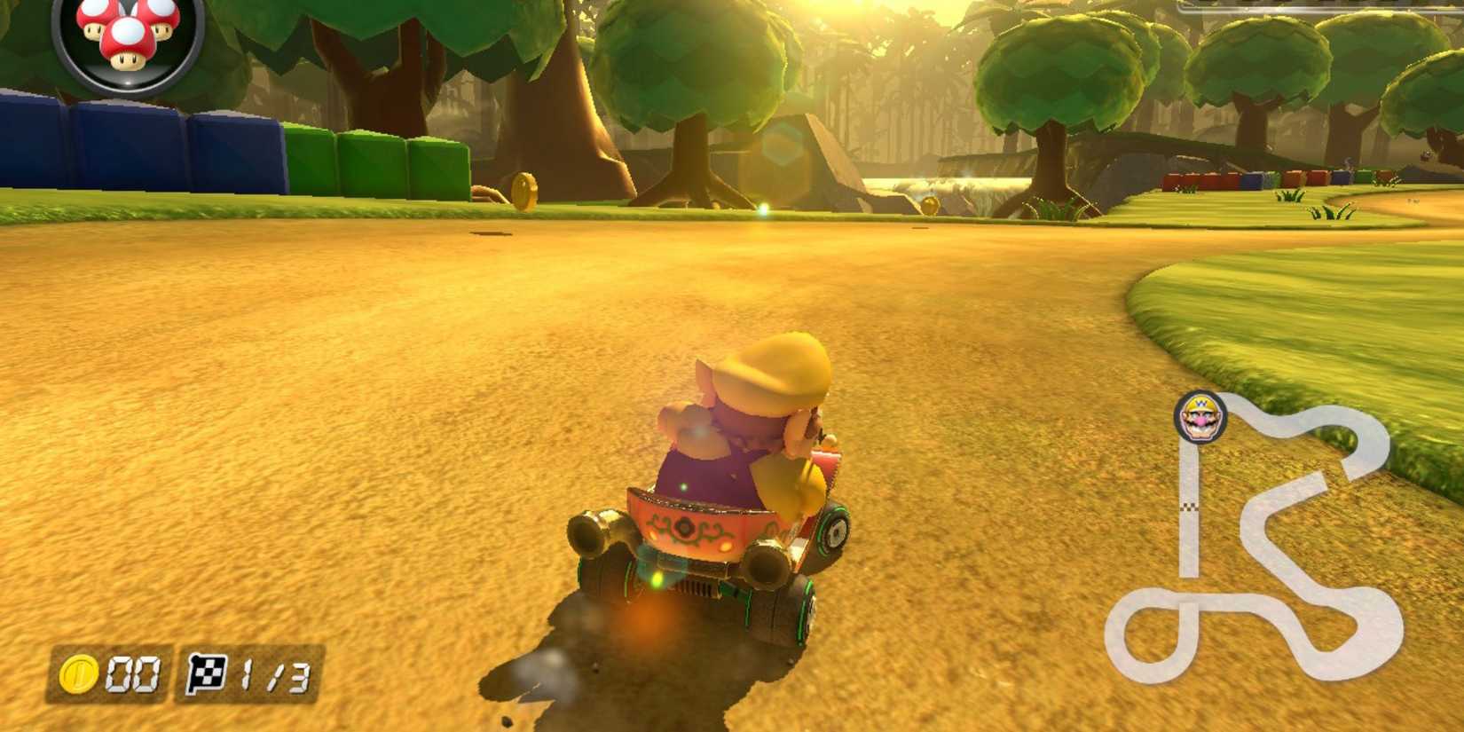 Wario em um contra-relógio em Mario Kart 8 deluxe.