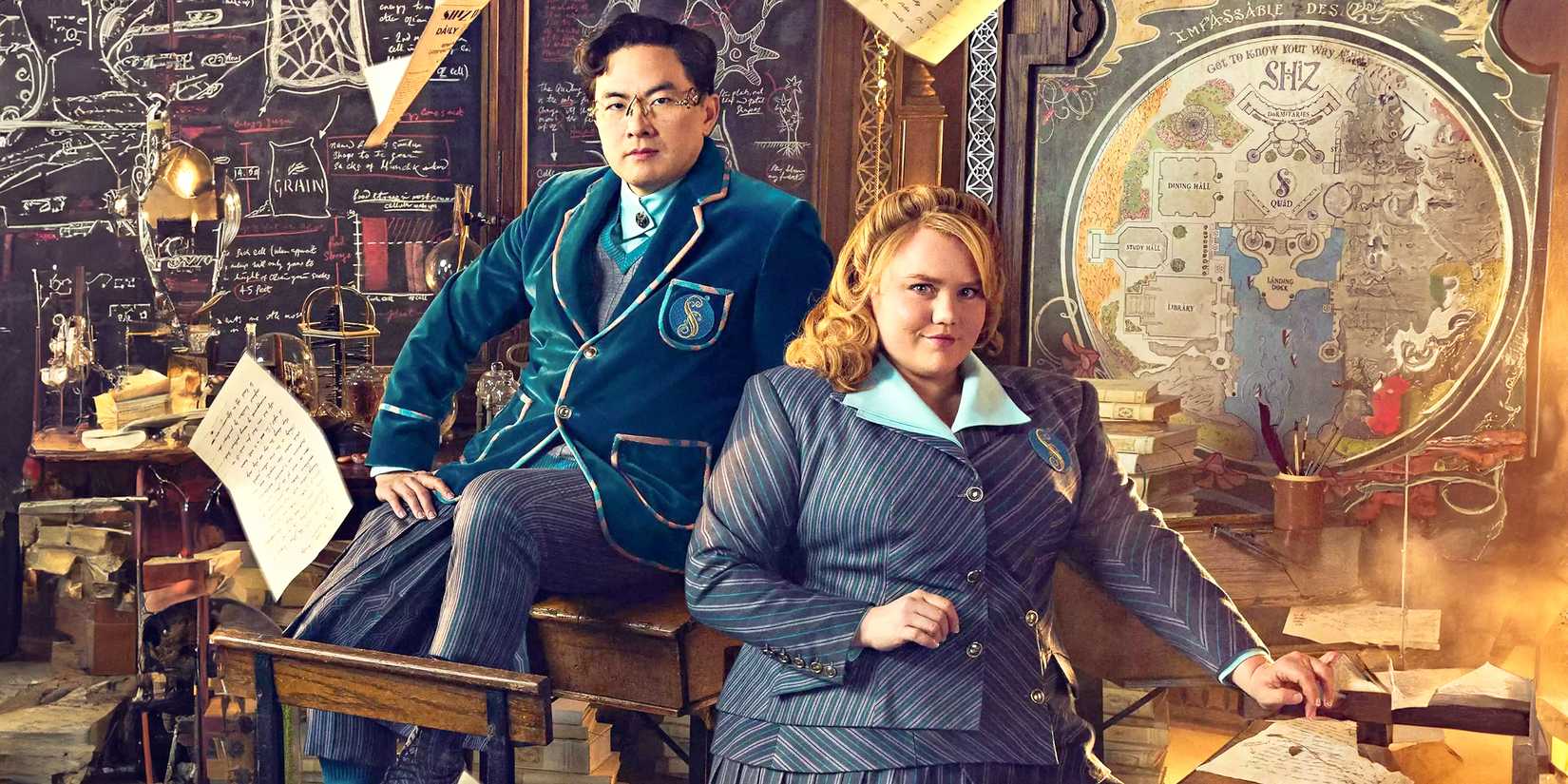 Pfannee ( Bowen Yang) and Shenshen (Bronwyn James) posing in Wicked