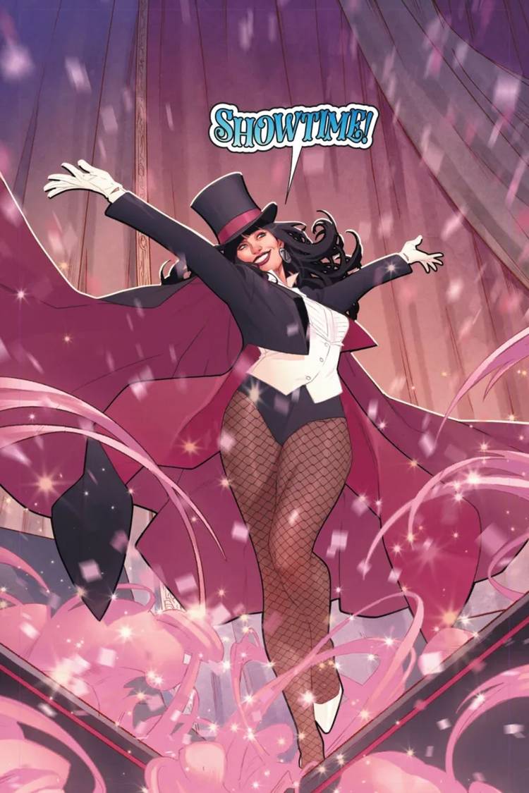 Comic-Seite: Zatanna verkündet, dass es Showtime ist, als sie auf die Bühne springt.