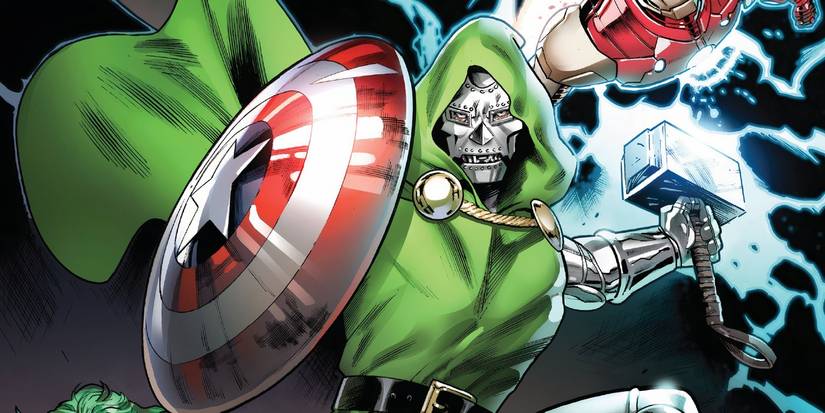 Doctor Doom wielding Mjolnir alongside the Avengers.