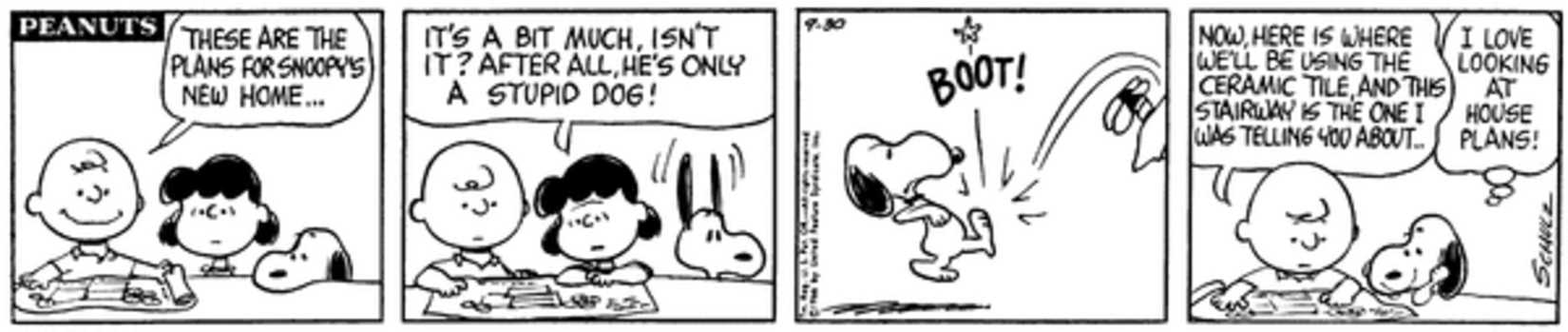  Snoopy kicking the doghouse plans from Charlie Brown and Lucy.