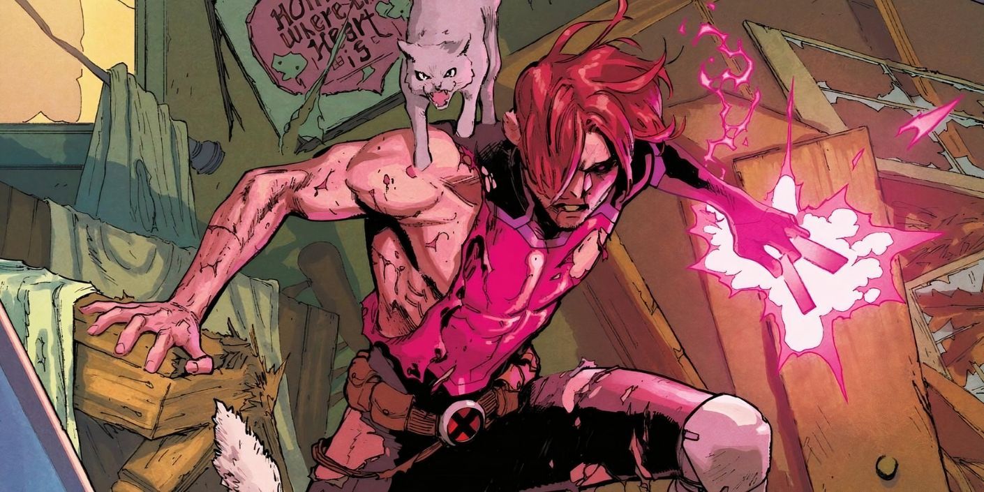 Comic book art: Gambit fights in a wrecked house with his cats