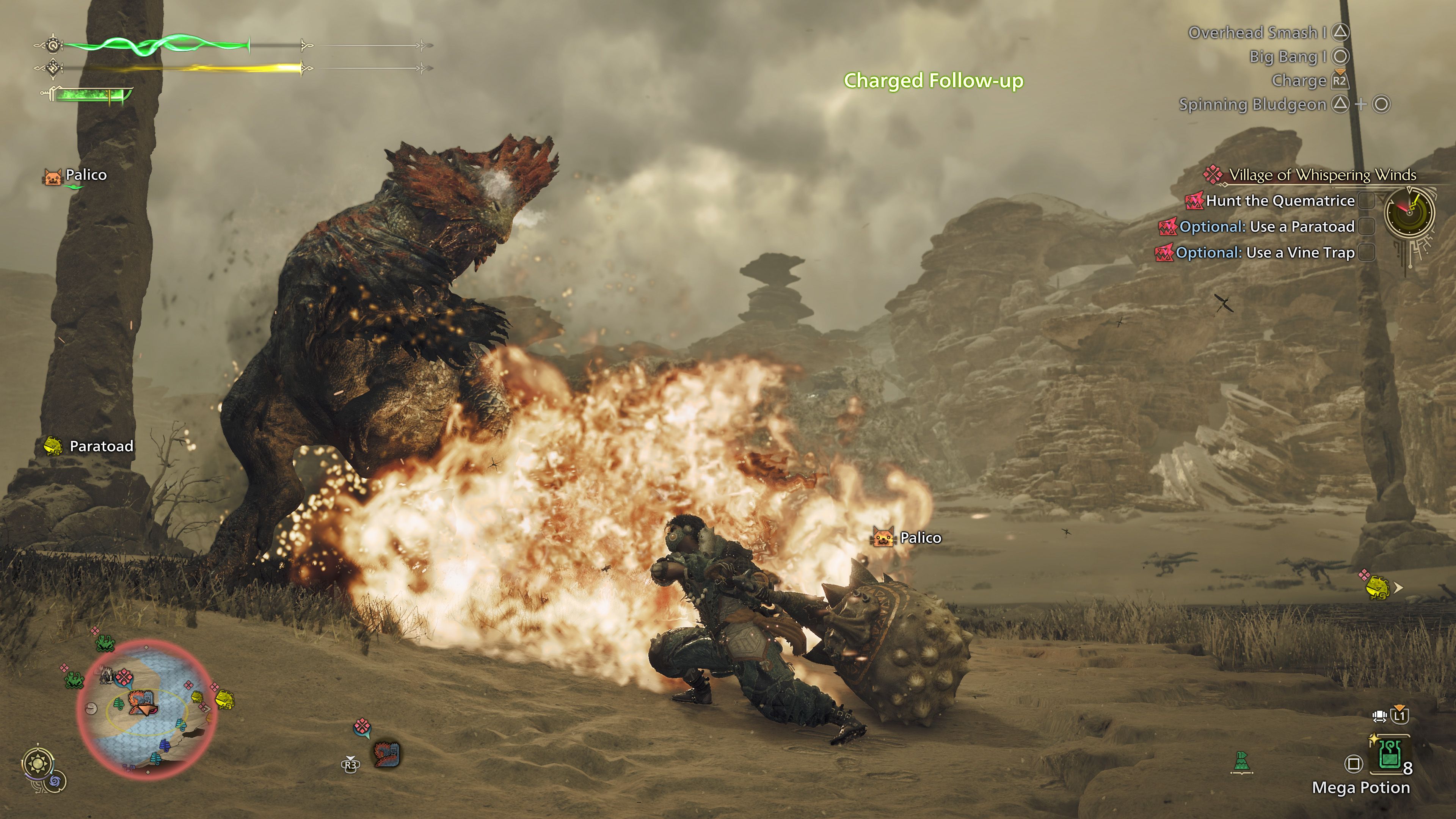 A player character fighting a Quematrice in Monster Hunter Wilds, causing a huge explosion that knocks the boar-like enemy backwards.