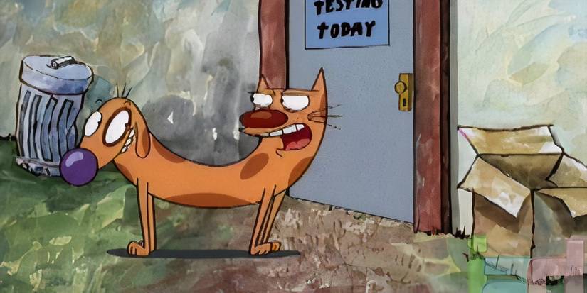 Cat and Dog arguing in front of a door with a sign that says "Cat food testing today" in Nickelodeon's CatDog