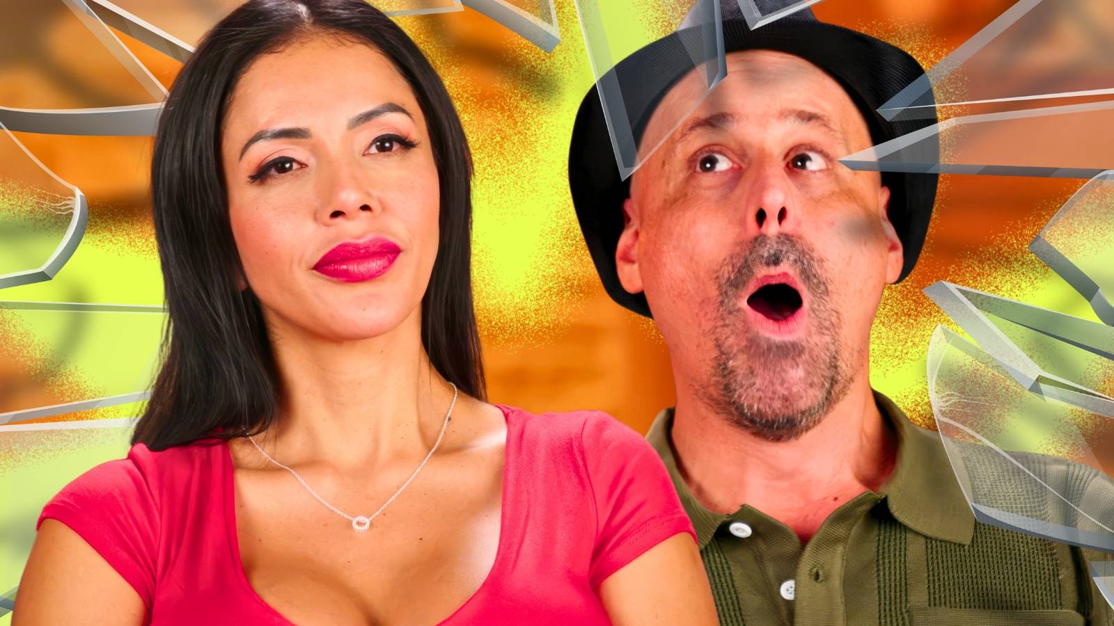90 Day Fiance Jasmine Pineda & Gino Palazzolo in side by side images with different expression & broken glass