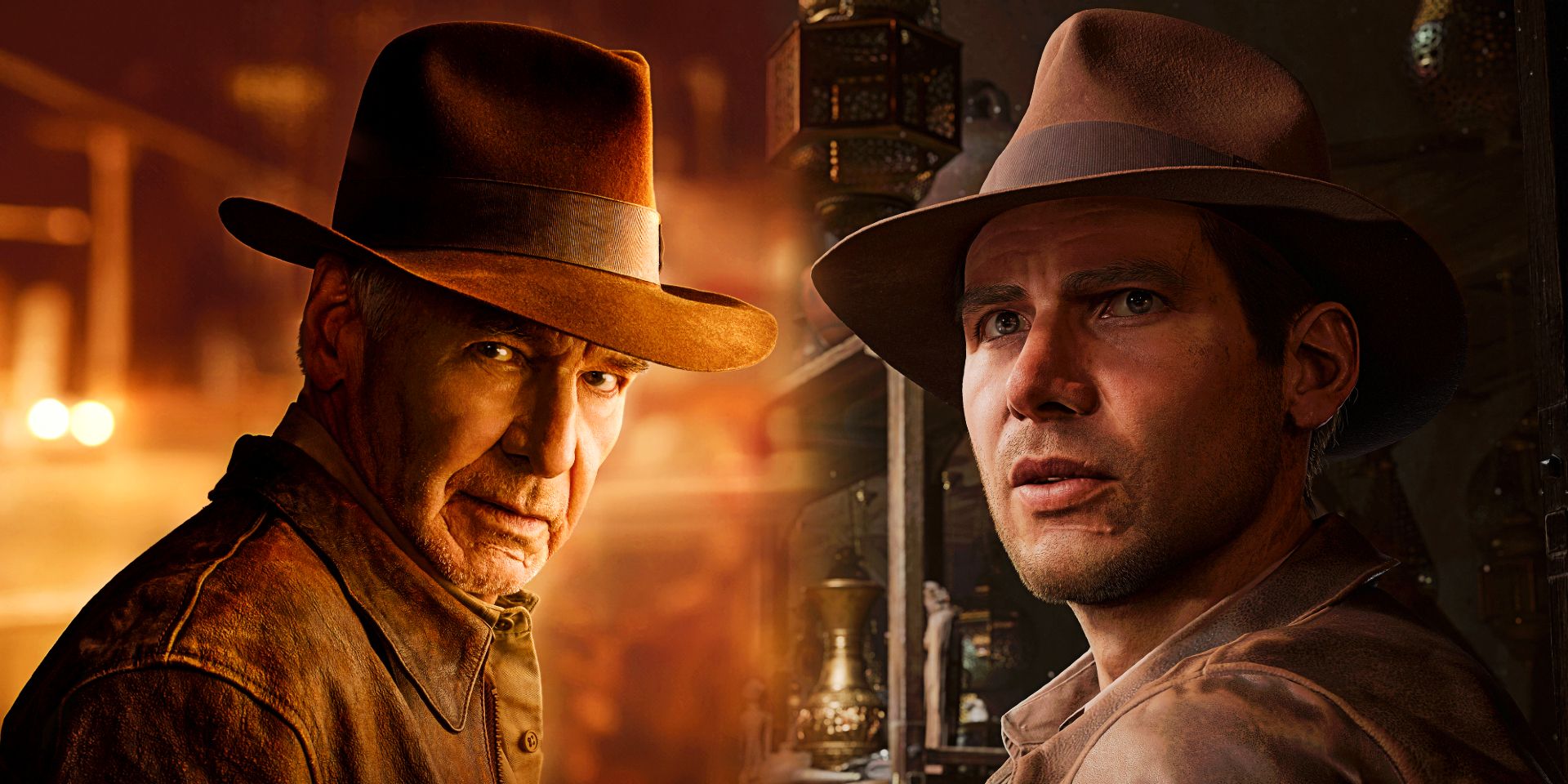 A collage of images of Harrison Ford in Indiana Jones and the Dial of Destiny and the video game version in The Great Circle.