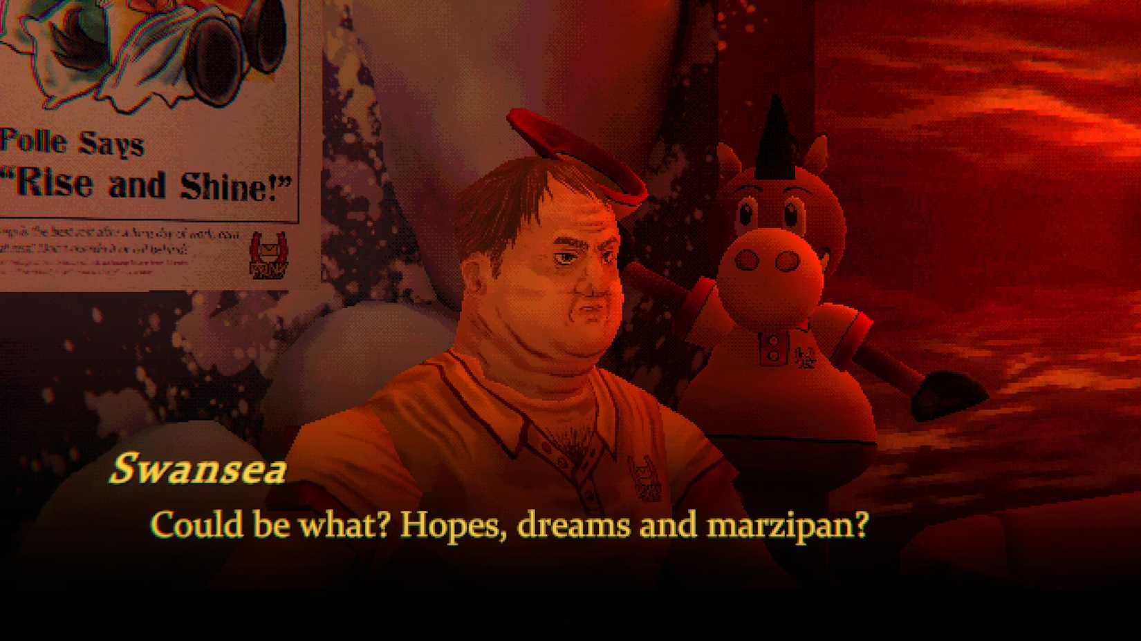 A dialogue scene with Swansea in a screenshot from Mouthwashing. His line reads, Could be what, hopes dreams and marzipan